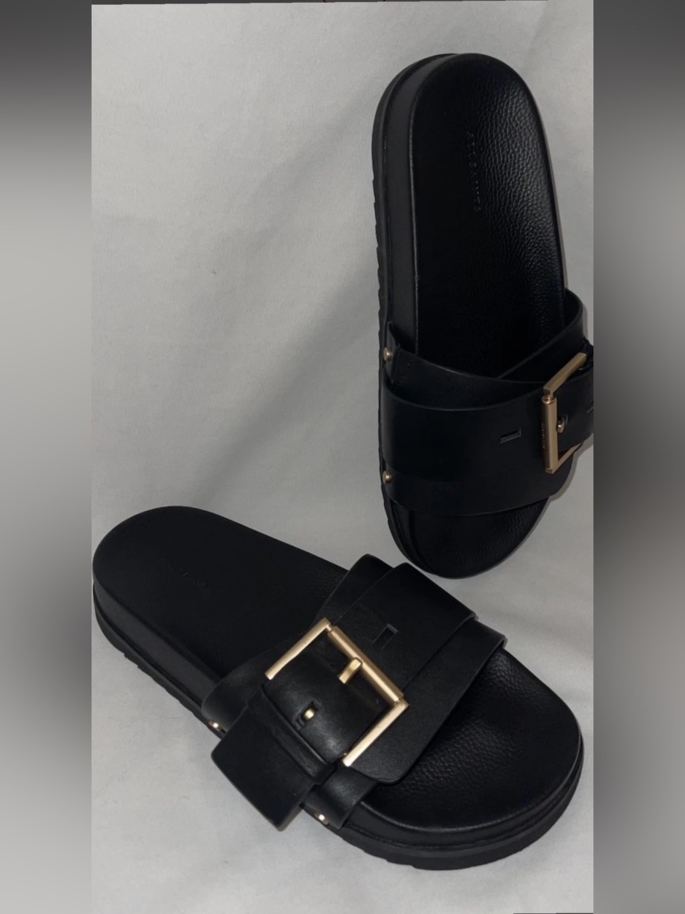 Rag and bone black leather gold buckle slide sandal platform